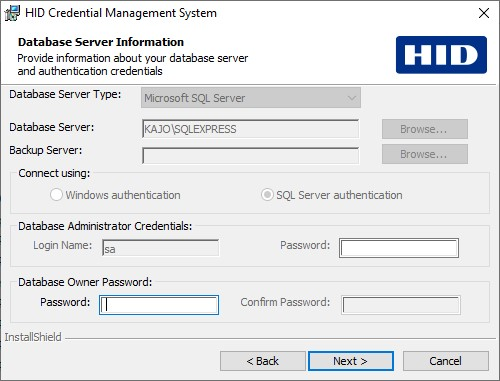 HID Credential Management System Database Server Information dialog box where you can enter the Database Owner Password